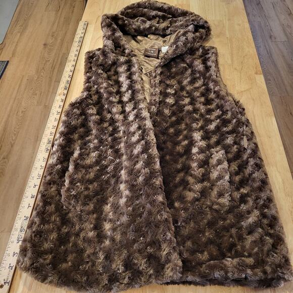Joujou vintage Y2K mob wife Brown faux fur hooded vest large check pattern - Picture 1 of 13